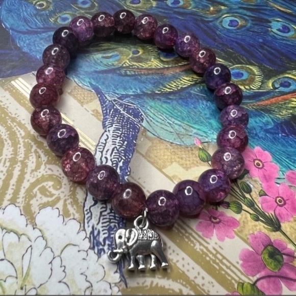 Jewelry - Dyed Quartz Handmade Purple Stretchy Bracelet With Elephant NWT